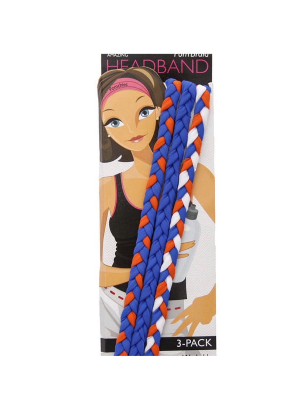 3-Pack Braided Headbands in Royal Blue, Orange & White